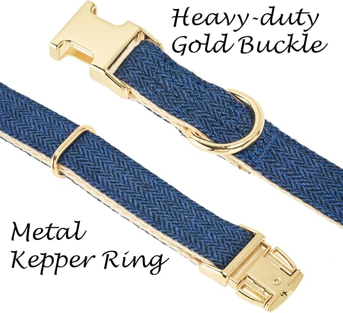 Luxury Soft Cotton Tweed Fabric Dog Collar & Leash Set with Gold Buckle – Durable Fabric, Stylish Design for Everyday Walks(Medium Navy)