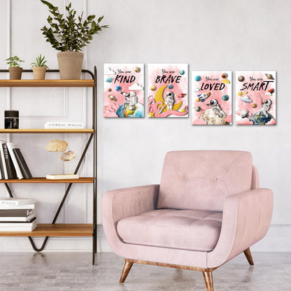 LoveHouse Space Wall Art Astronaut Kids Room Wall Decor Inspirational Quotes Canvas Prints Cosmic Painting for Nursery Classroom (Pink)