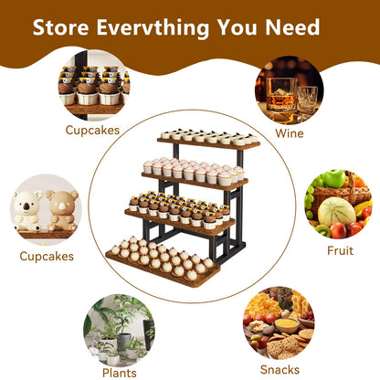 IBUYKE 4 Tier cupcake stand, Set of 2,Wooden Risers Display Stands Serving Trays,Tiered Display Stand,Dessert Table Display for Party,Afternoon Tea,Rustic Brown UTLJ018H-2