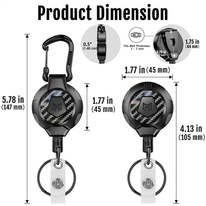 MNGARISTA Upgraded Heavy Duty Retractable Keychain, Belt Clip Ver. & Carabiner Ver., 10 oz Retraction, 31.5" Stainless Steel Cable, 3K Carbon Fiber Tactical ID Badge Reel Key Chain Retractor, 2 Pack