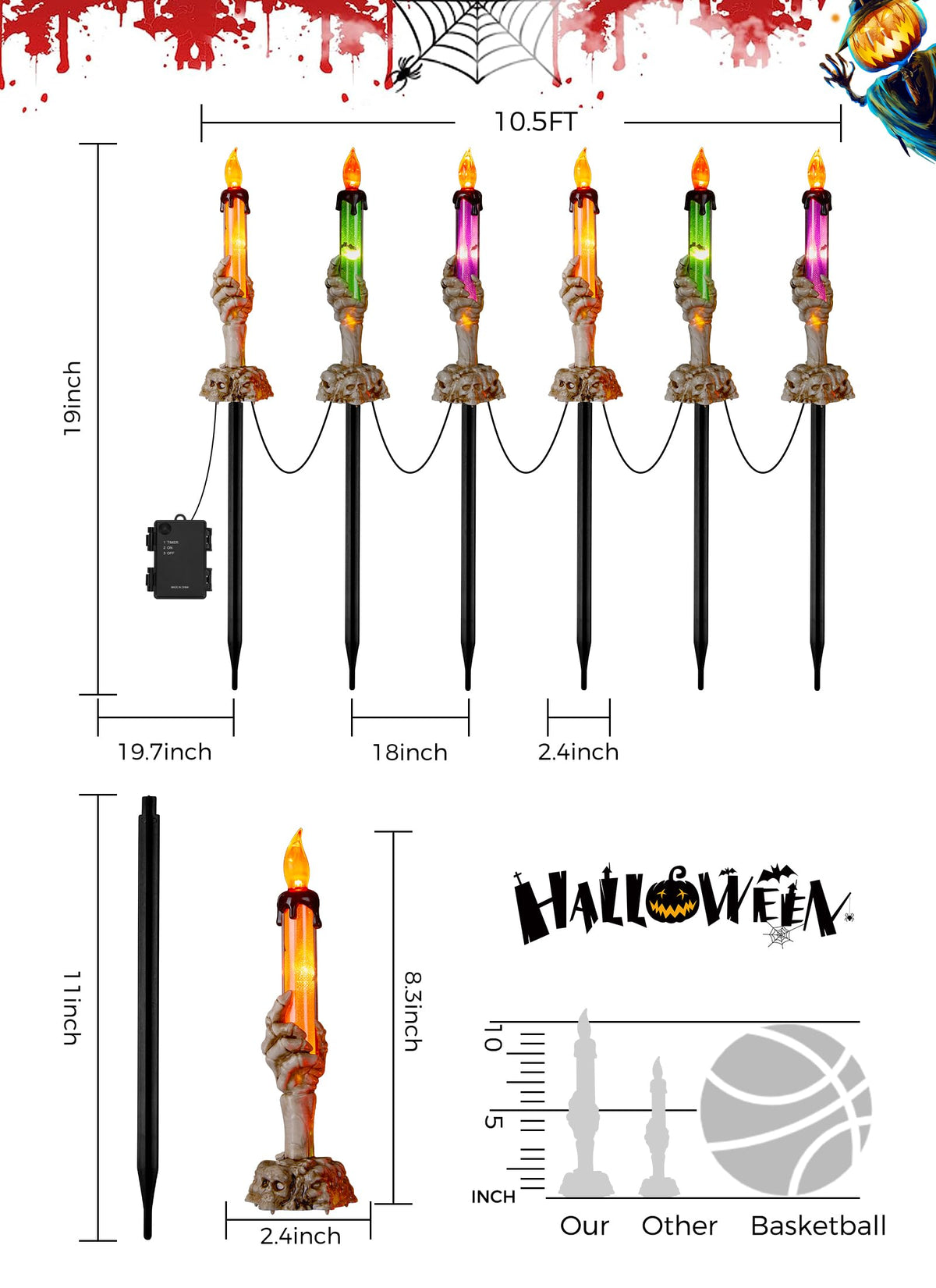 Halloween Decorations, 6 Pack Skeleton Hands Hold Lighted Candle Stakes, Waterproof Battery Operated Pathway Decor with Timer, Light Up for Tabletop Indoor Outdoor Party Lawn Yard Garden Warm White