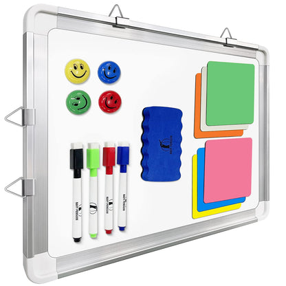 Whiteboard Set - White Board 15 x 12 in with 1 Dry Erase Eraser, 4 Dry Wipe Markers, 4 Magnets and 6 Magnetic Labels - Small Wall Hanging Reminder Magnetic Board for Home, Office, Cubicle and Desk