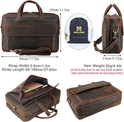Masa Kawa Leather Briefcase for Men 15.6", 17" Laptop Computer Case Business Travel Work Messenger Cross Body Shoulder Bag