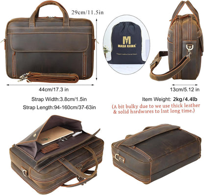 Masa Kawa Leather Briefcase for Men 15.6", 17" Laptop Computer Case Business Travel Work Messenger Cross Body Shoulder Bag