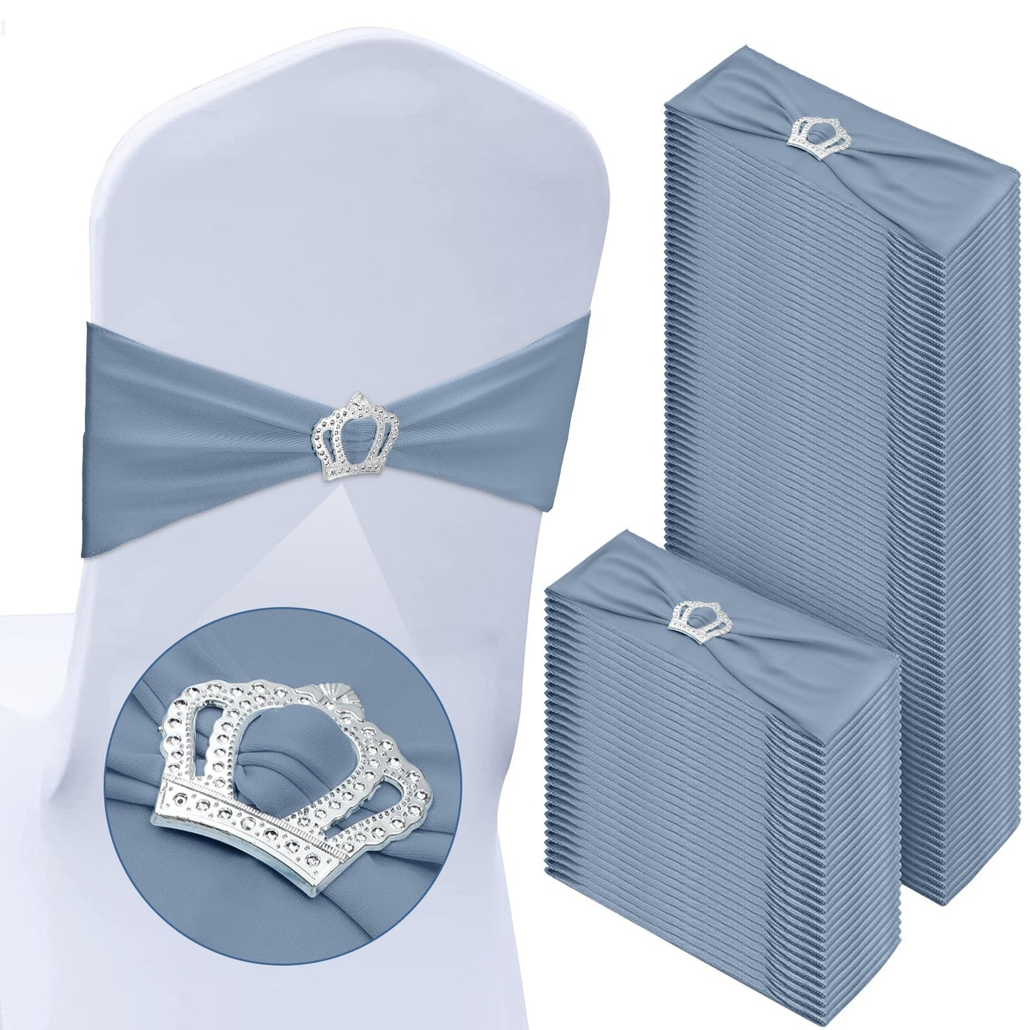 VitalCozy 100 Pcs Spandex Chair Sashes with Crown Buckle Slider Stretch Chair Bands Cover Ties for Wedding, Banquet, Gala, Corporate Event, Birthday Party, Baby Shower(Dusty Blue)