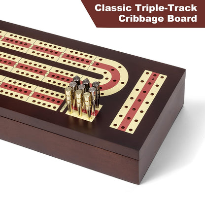 ESENHARBER Cribbage Board Game Set, Premium Wooden Board with Magnetic Lock and Metal Pegs, 2 Playing Cards, and Large Storage - Travel-Friendly Continuous 3 Track Board