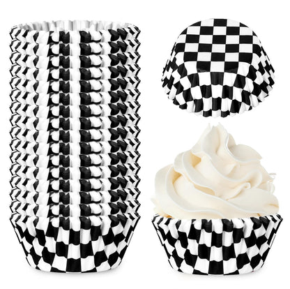 Whaline 300Pcs Checkered Cupcake Liner White Black Baking Cup Checkerboard Muffin Liner Race Car Cake Paper Cup Container for Party DIY Craft, 2x1.2 Inch