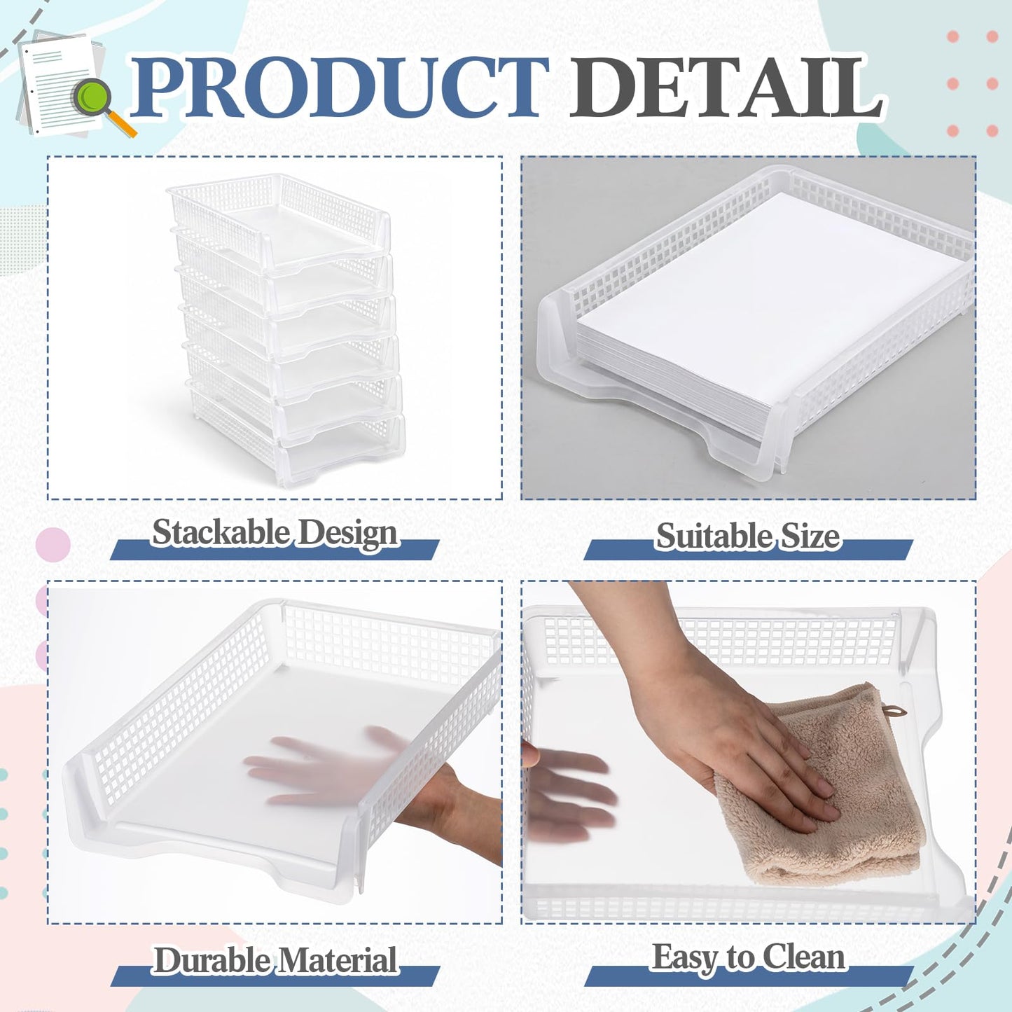 Geetery Set of 12 Plastic Trays for Teachers Turn in Trays Classroom Stackable Paper Tray Plastic Classroom Teachers Desk Letter Organizer Storage Baskets for Office, Desk, Home (Clear)