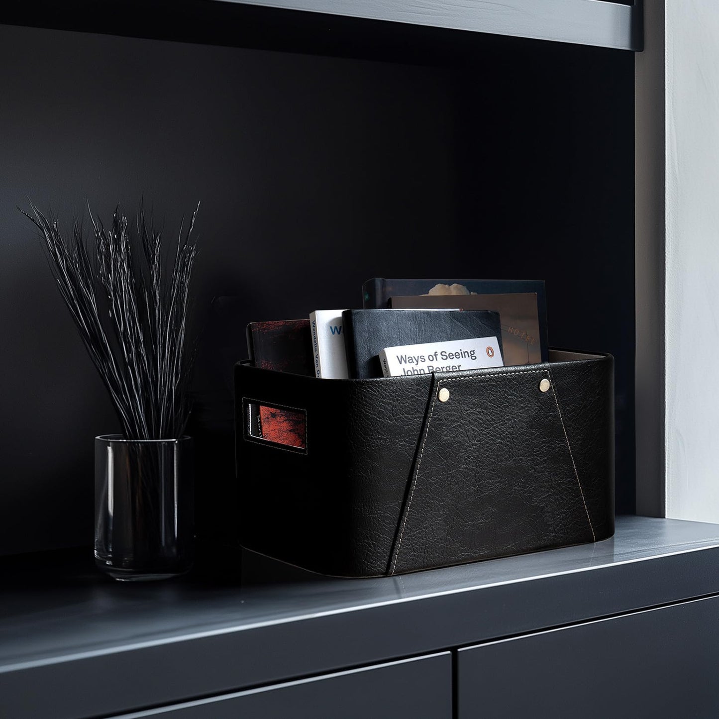 La Jolie Maison Storage Baskets for Organizing, 2 Pack, Luxury Vegan Leather Storage Cube Boxes for Closet Shelf Cabinet Bookcase, Carbon Black