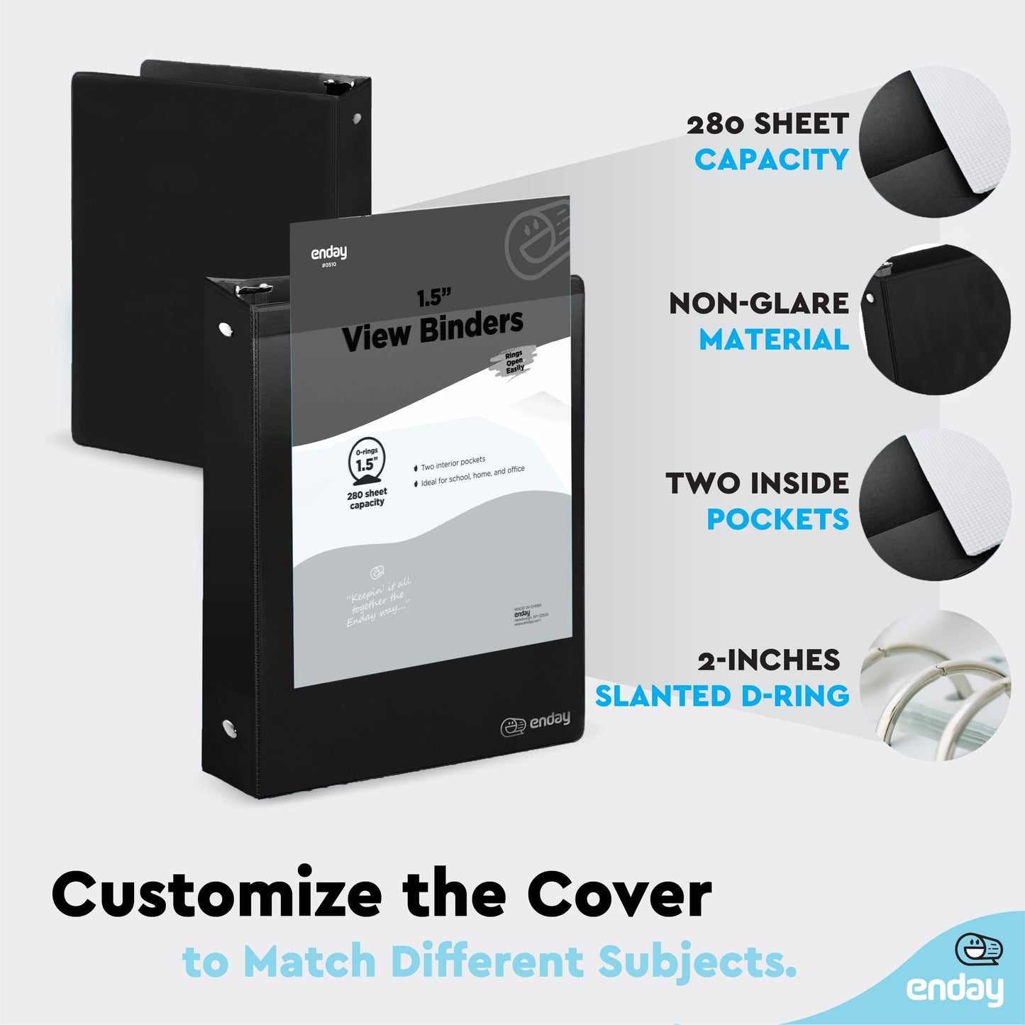 Enday 3 Ring Binder 1.5 Inch, Black Heavy Duty Three Ring Binder, 325 Sheets Capacity - 1.5 Inch Binder for Home School and Office