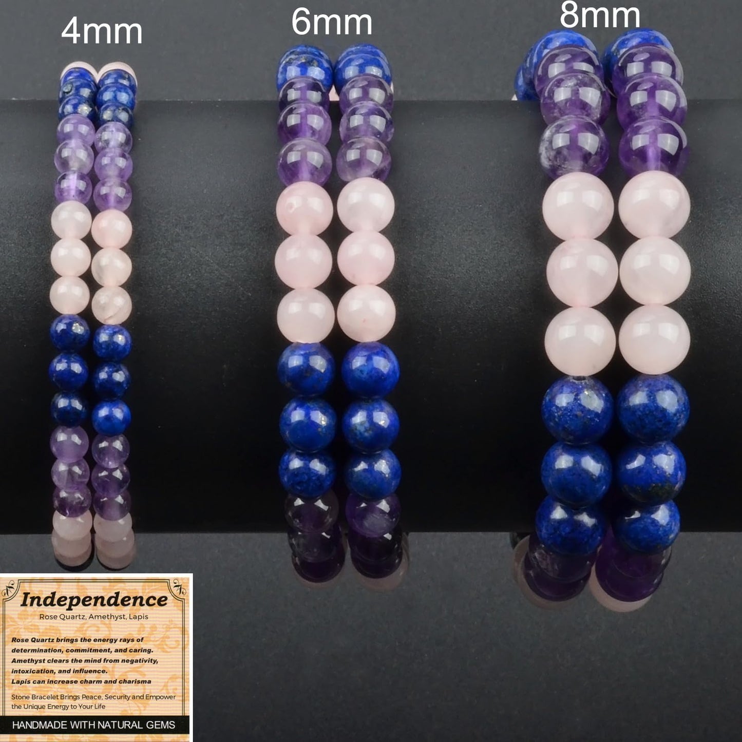MASSIVE BEADS Rose Quartz Amethyst Lapis - Independence Handmade Handmade Yoga Stretch Elastic Bracelet Natural Stone Crystal Healing Power Energy Gifts for Unisex Adult 4mm