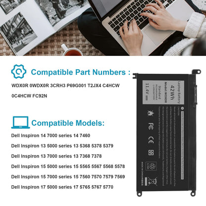 TREE.NB WDX0R Laptop Battery Replacement for Dell Inspiron 13 15 5000 7000 Series 5565 5567 5570 5578 7560 7570 7573 7579 5368 5378 Latitude 7368 17 5765 5767 Series Notebook 3CRH3 T2JX4 11.4V 42Wh