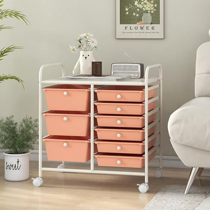 LDAILY 9 Drawer Rolling Storage Cart, Rolling Cart with Drawers for Classroom, Art Supply Craft Organizer on Wheel with Metal Frame & Handles for Home Office School