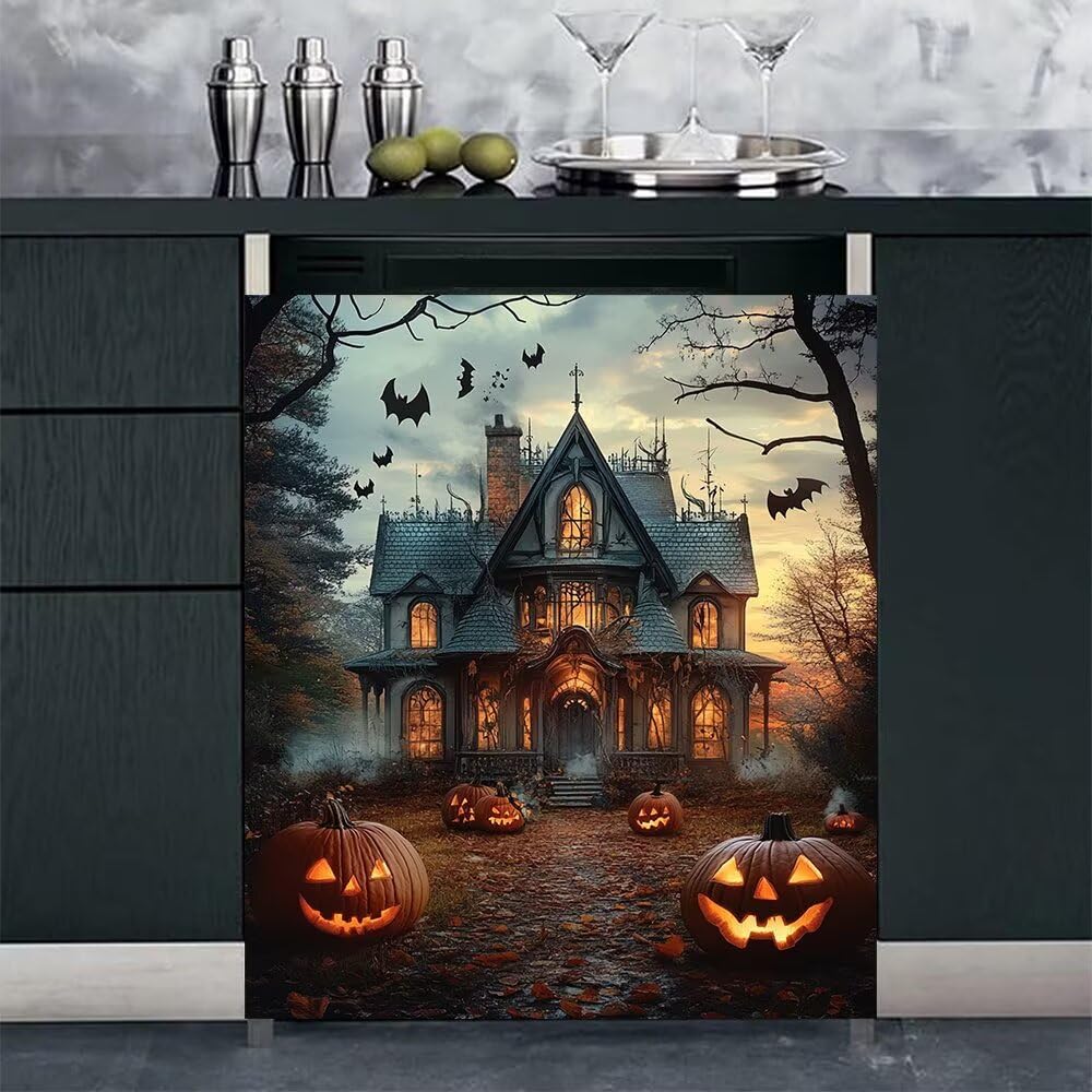 Haunted House Dishwasher Magnet Full Door Cover, Halloween Pumpkin Kitchen Decor Magnetic Dishwasher Cover Vinyl Decal, Happy Halloween Fridge Stickers Front Door Cover, Easy Update, 23Wx26H Inches