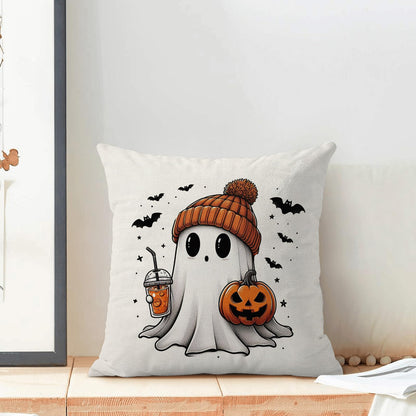 Halloween Pillow Covers 20 x 20 Inch, Burnt Orange Pumpkin Decor Throw Pillows for Home Couch Bed, Black Cream Cute Ghost Bat Fall Outdoor Decorative Pillowcase Linen Cushion Cover Set of 2