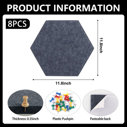 8 Packs Dark Grey Hexagon Felt Pin Board, 12" Bulletin Board with 30 Push Pins, Felt Board for Home Kitchen Office Decor, Self-Adhesive Corkboard Tiles for Walls Message Photos Memos Display