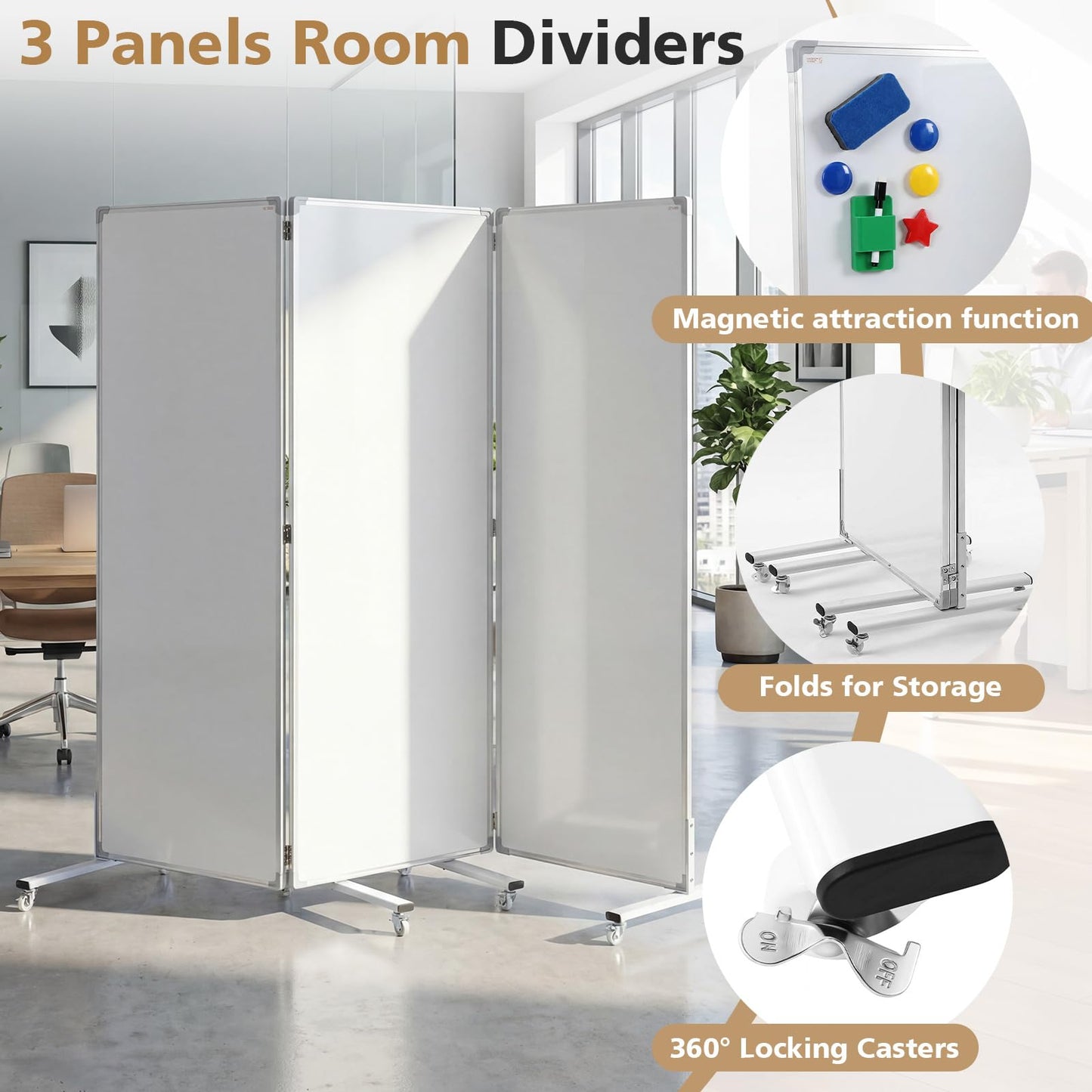 AmazingSpark 3-Section Mobile Magnetic Whiteboard Room Dividers Portable Dry Erase Board Partition with Stand and Wheels for Classrooms Offices, 72 H x 24 W