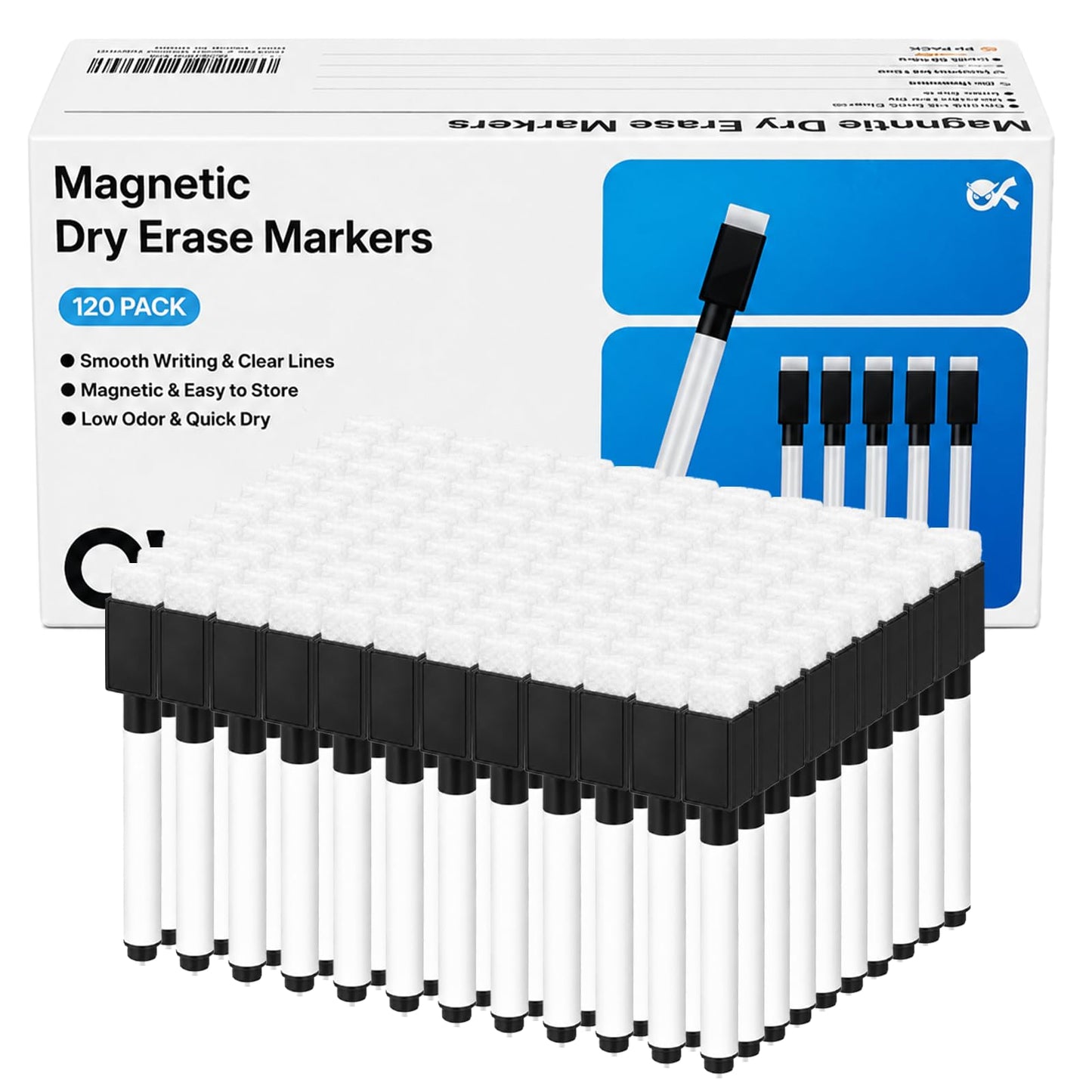OWLKELA 120 Pcs Magnetic Dry Erase Markers with Eraser Cap, Fine Tip Whiteboard Markers with Eraser, Low Odor Dry Erase Marker Set for School Office Home, Black
