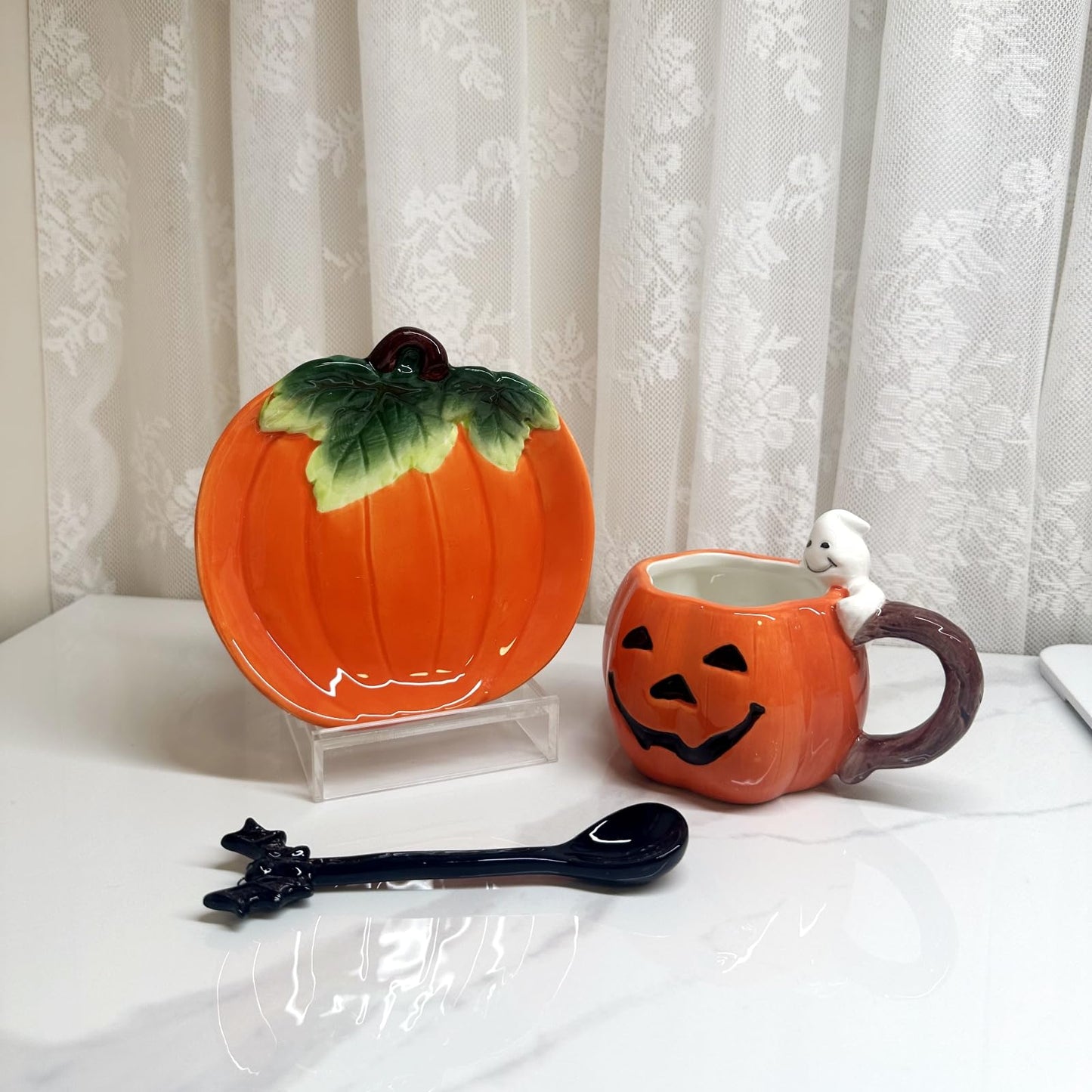 Minigift Ceramic Tea Cup and Saucer Set ，6oz 3D Hand-painted Pumpkin and White Ghost Coffee Mug ，Halloween Home Decoration，Gift
