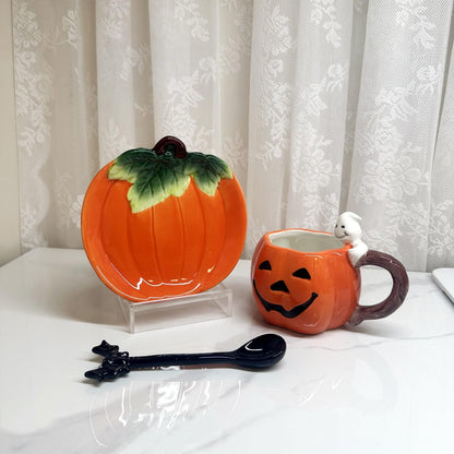 Minigift Ceramic Tea Cup and Saucer Set ，6oz 3D Hand-painted Pumpkin and White Ghost Coffee Mug ，Halloween Home Decoration，Gift