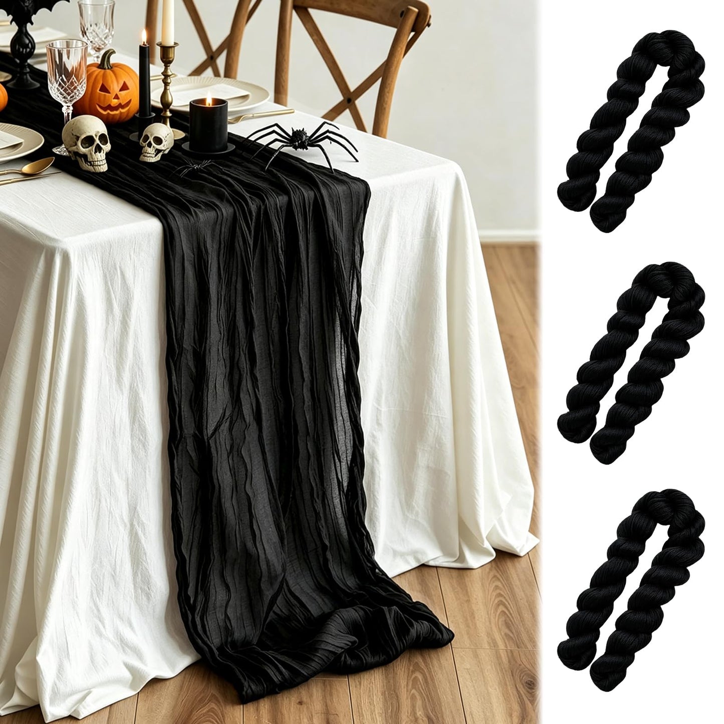 3 Pcs Black Cheesecloth Table Runner 35"×120" - 10FT Halloween Gauze Sheer Table Runner,Boho Rustic Table Runner,Table Decorations for Graduation, Birthday, Holiday Decor