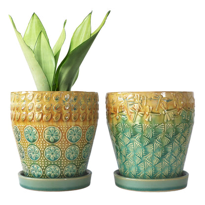 YQSLYSF 6 Inch Ceramic Planter with Drainage Hole and Saucer for Plants, Indoor-Outdoor Large Round Succulent Orchid Flower Pot, Set of 2