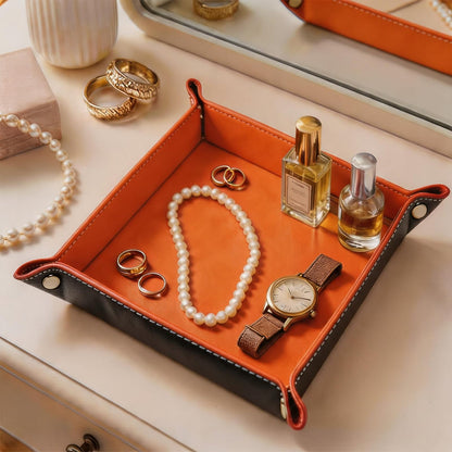 siduater Valet Tray Desktop Storage Organizer – Vegan Leather Catchall Bedside Vanity Tray Nightstand Caddy Holder for Remote Controller, Watch, Keys, Phone, Wallet, Coin, Jewelry (Orange/Black)