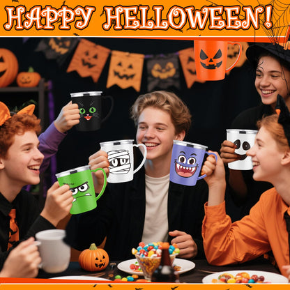 Patelai 6 Sets Halloween Coffee Mugs Cups 16 oz Halloween Stainless Steel Insulated Tumblers Bulk with Handle Lid Straw Brushes Clear Opp Bags Ribbons Spooky Black Cat Ghost Trick or Treat Party Gifts
