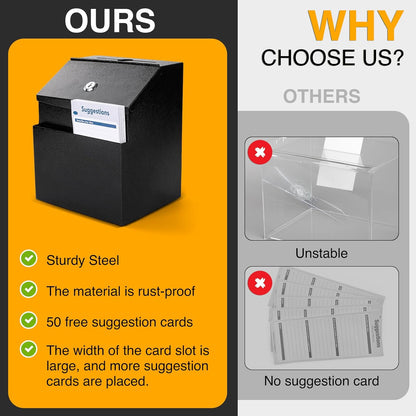 Suggestion Box with Slot and Lock 2 Pcs Metal 8.4 x 5.8 x 7.0 inch Built-In Storage Compartment 100 Suggestion Card Tip Jar Ballot Voting Prayer Comment Mailbox Booth Classroom Restaurant