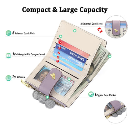 GAEKEAO Small Wallets for Women RFID Blocking Leather Bifold Zipper Pocket Wallet Credit Card Holder with ID Window