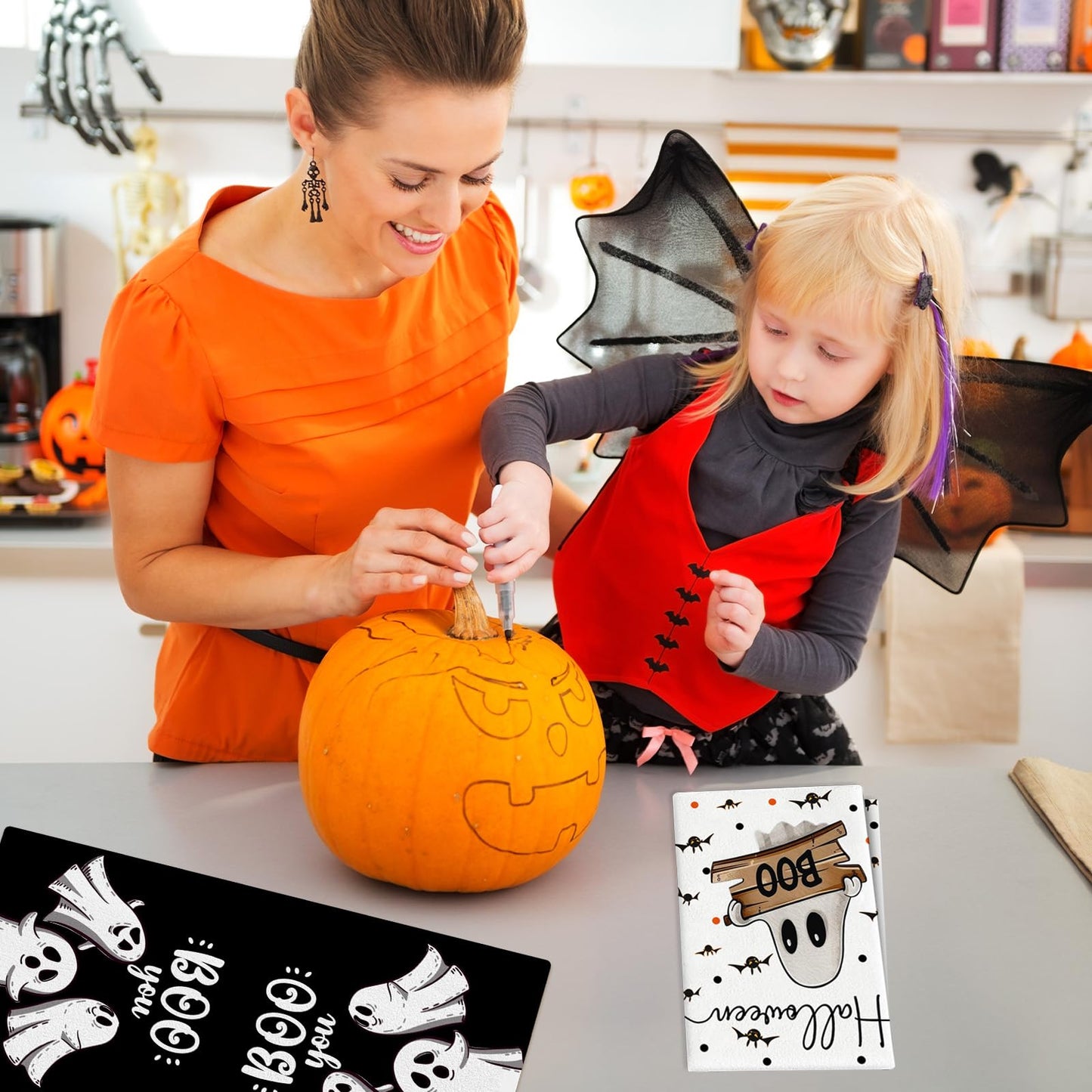 4 Pcs Halloween Kitchen Towels 15.7x23.6 Inches Funny Hand Towels for Bathroom Spooky Boo Ghost Dish Cloths Pumpkin Bat Ghost Halloween Bathroom Decortions Housewarming Gift for Home Wall Decor