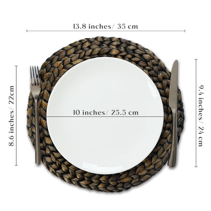 10 Pack, Round Woven Placemats, Natural Water Hyacinth Wicker Place Mats, Braided Straw Table Mats for Dining Table, Fall, Halloween, Thanksgiving, Chrismats, Black (13.8 inch)