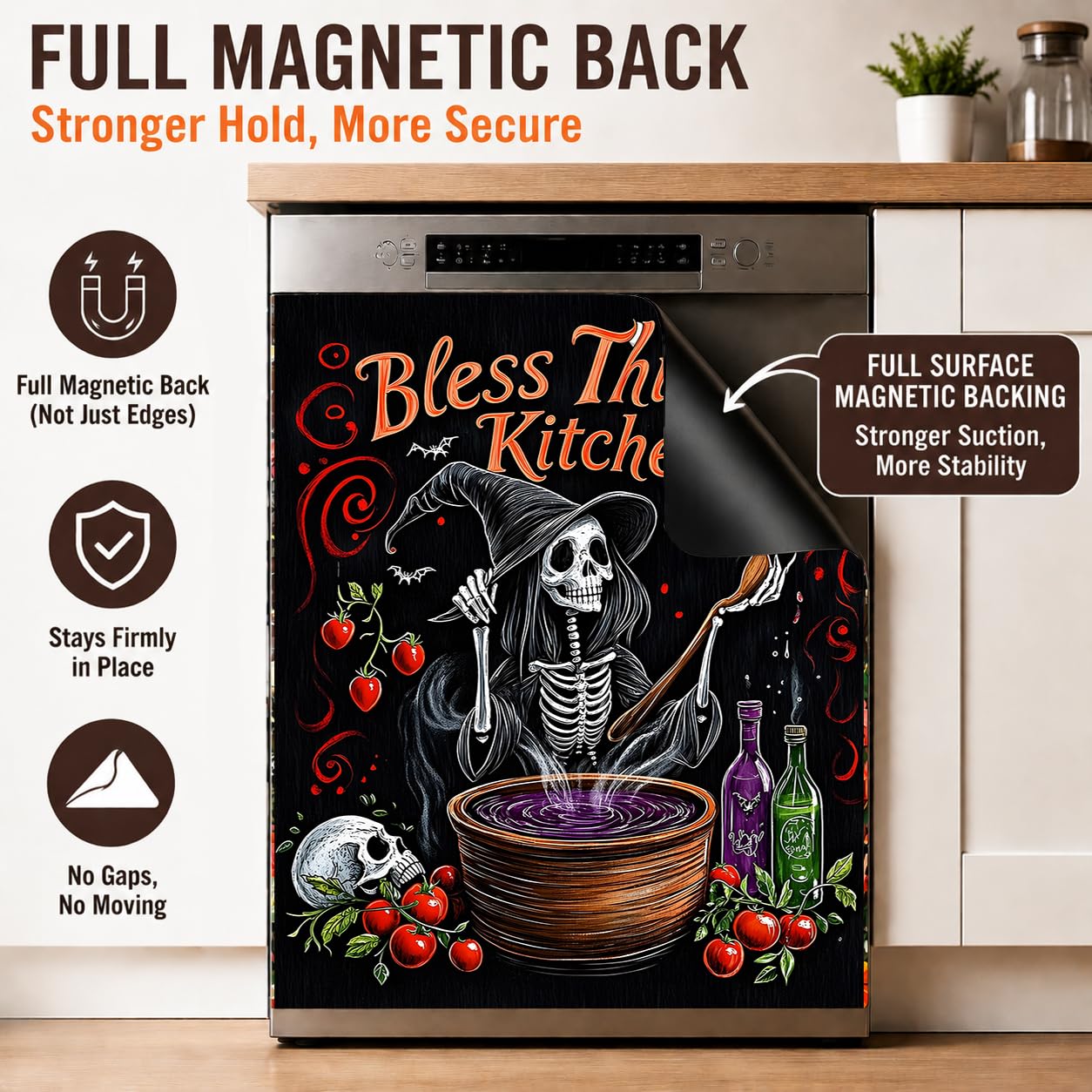 Dishwasher Magnet Cover Flower, Halloween Witches Magnetic Dishwasher Covers Decorative for The Front Panel, Refrigerator Magnets Decorative Cover Sticker Decal Kitchen Decor 23x26 Inch