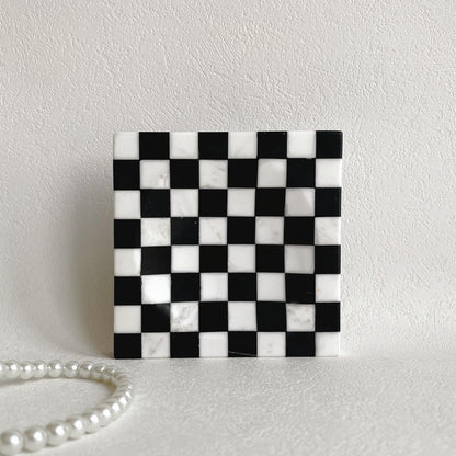 StonePlus Marble Stone Black and White Checkerboard Square Small Splicing Mosaic Tray Jewelry Dish (Black and White)
