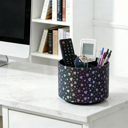 QIELIZI Round Leather Art Supply Organizer,Remote Control Holder,360 Degree Rotating,Multi-Functional Pencil Holder,4 Compartments Desktop Stationary Organizer(1-Heart Black)