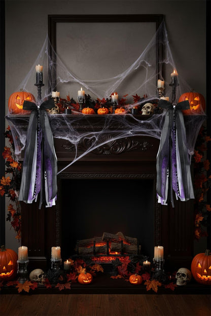 YKW Halloween Wreath Bow 27 Inch, Black Purple Spider Web Sash for Front Door Decoration, Large Gothic Ribbon Streamers Indoor Outdoor Wall Hanging