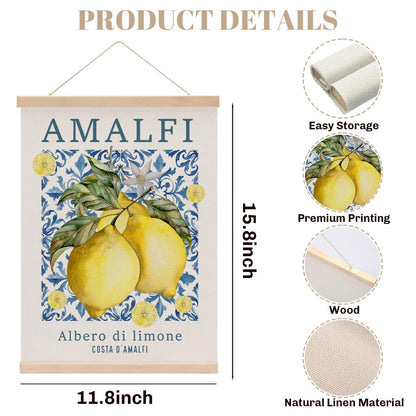 Italian Amalfi Coast Lemon Wall Art Poster Hanger, Blue Mediterranean Tiles Lemons Tree Italian Wall Art With Wooden Poster Hanger for Home Kitchen Living Room Dining Room Decor 15.8x11.8 Inch
