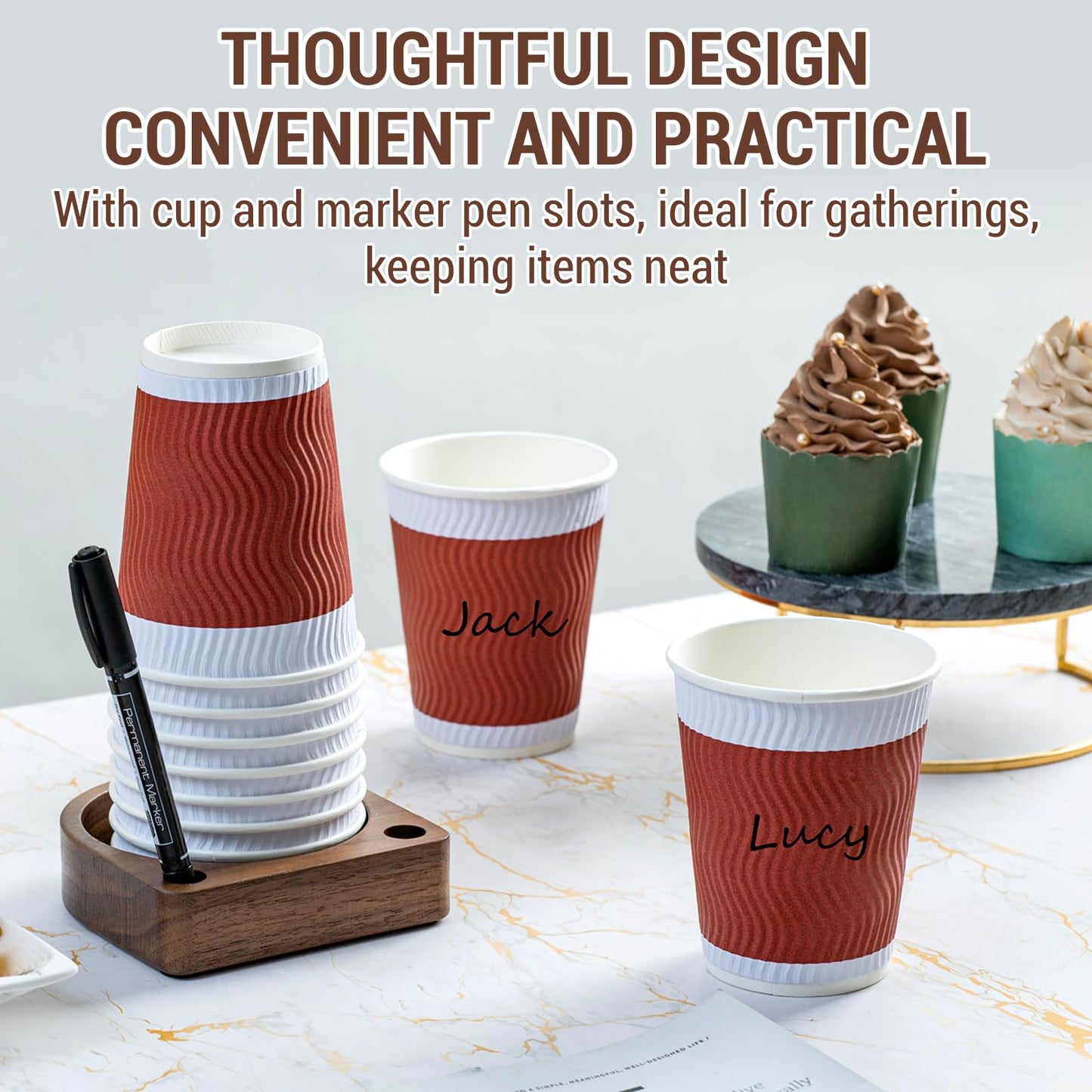 MyGift Dark Walnut Solid Wood Tabletop Guest Party Cup Holder Dispenser with Marker Pen Slots