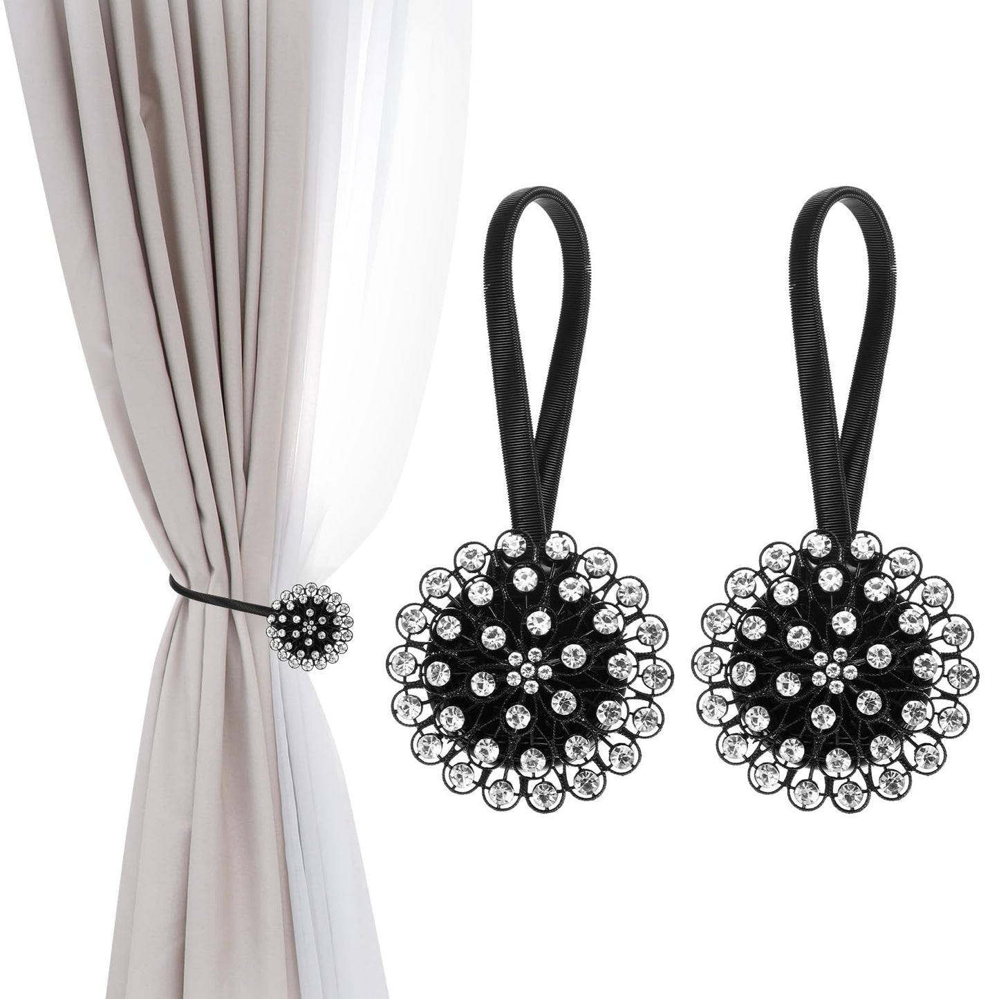 PATIKIL Magnetic Curtain Tie Backs, 2 Pack Sparkling Crystal Flower Curtain Tiebacks Drapery Holdbacks Buckle for Home Office Cafe Balcony, Black