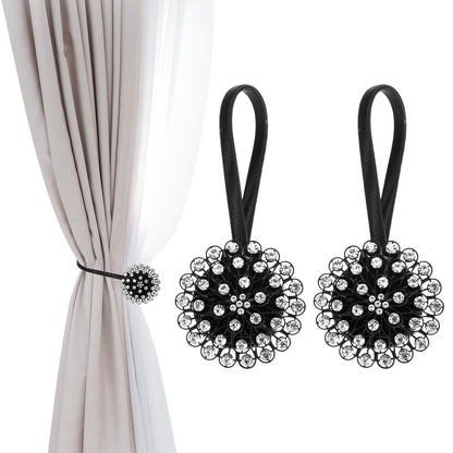 PATIKIL Magnetic Curtain Tie Backs, 2 Pack Sparkling Crystal Flower Curtain Tiebacks Drapery Holdbacks Buckle for Home Office Cafe Balcony, Black