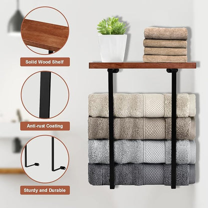 Towel Racks for Bathroom Wall Mounted with Wooden Shelf Bath Towel Holder for Rolled Towels Metal Towel Storage Organizer for Small Bathroom Decor or RV Camper Black