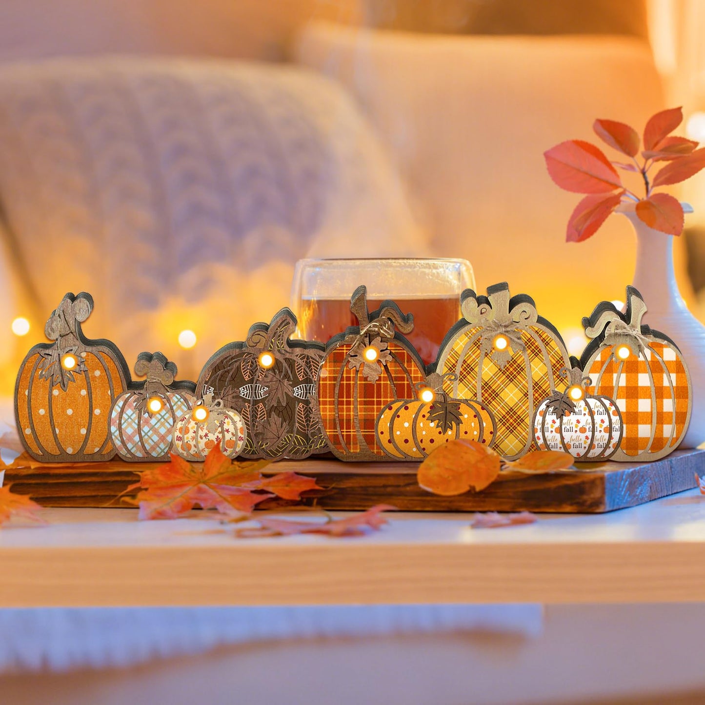Yousoontic Fall Pumpkin Decor Table Centerpieces Halloween Wooden Pumpkin Sign Decorations with LED Lights 3D Block Autumn Harvest Farmhouse Fall Thanksgiving Decor for Home Mantel Desk Office Party