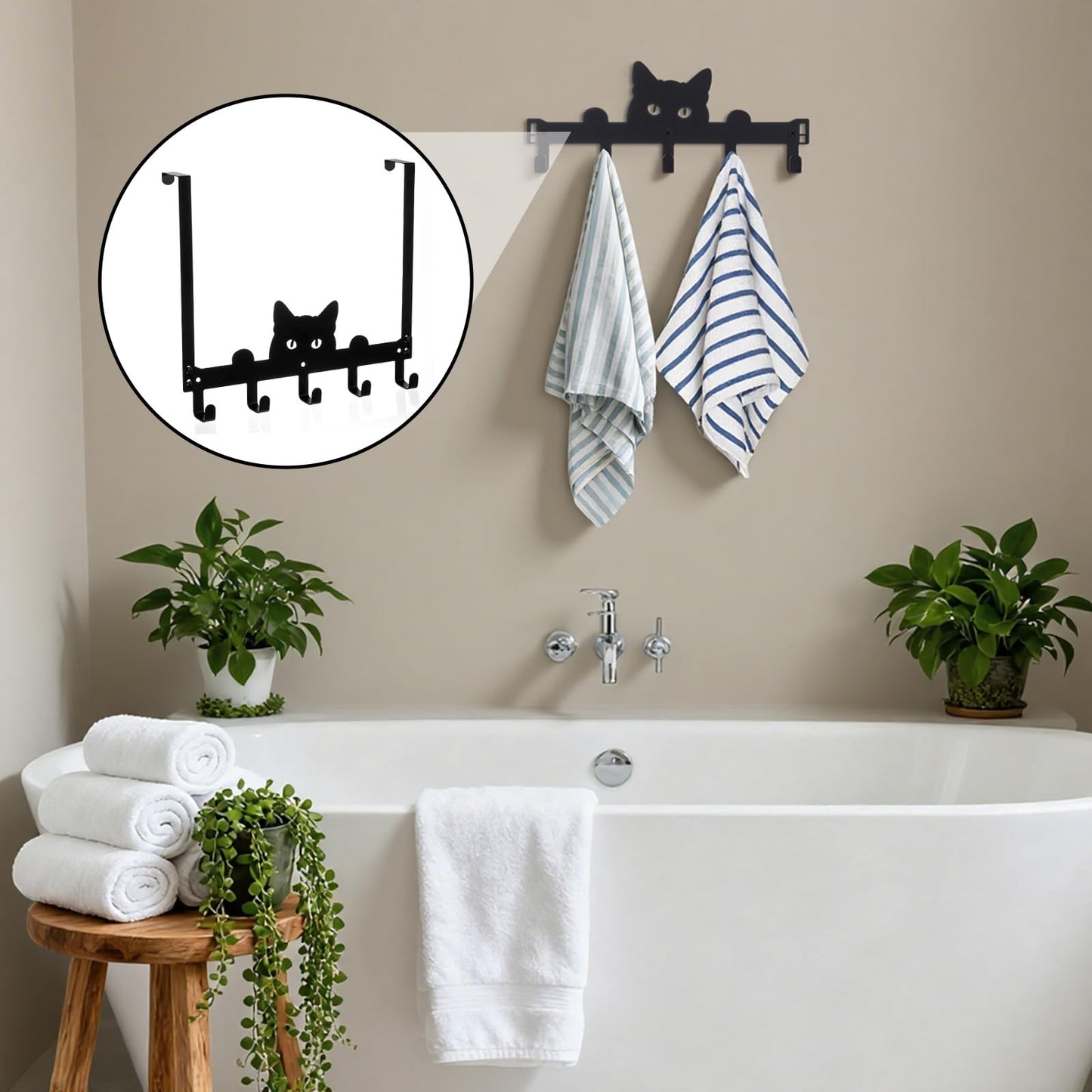 Moxweyeni Black Cat Over the Door Hooks Heavy Duty Organizer Rack for Towel Wall Mount Bathroom Decor Door Hanger Hooks for Hat Coat Cloth Keychain Bag