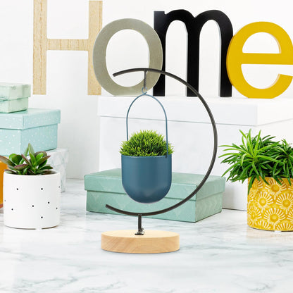 OSALADI Glass Flowerpot Desktop Stand with Wooden Base, Moon-shaped Iron Terrarium Hanging Bracket for Indoor Plant Display and Ornament Holder