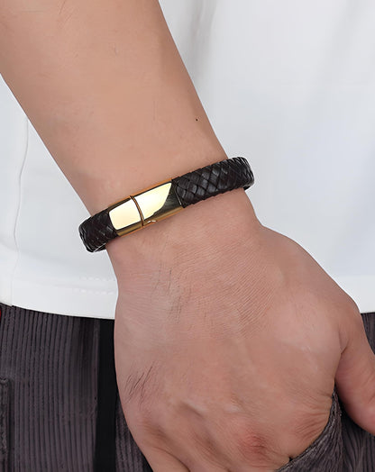 Deerllia Leather Bracelet for Men, Braided Cuff with Stainless Steel Clasp Stacked Multi Style Color Anniversary Father's Day Birthday Christmas Jewelry Gifts for Him, Silver Clasp Black Leather