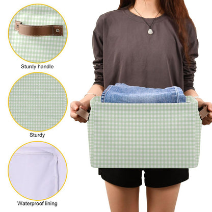 JUZIHAI Green Gingham Checkered Storage Basket, Collapsible Canvas Storage Organizer Bins with Handles for Toys Clothes Closet Shelves Nursery Office, 14.2x10.2x8.3 in