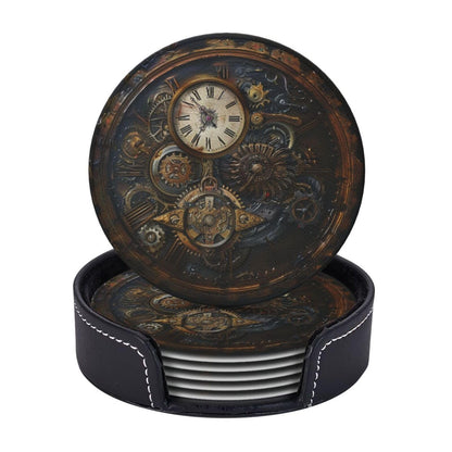 Steampunk Clocks Drinks Coasters With Holder, Suitable For Kinds Of Cups, Set Of 6