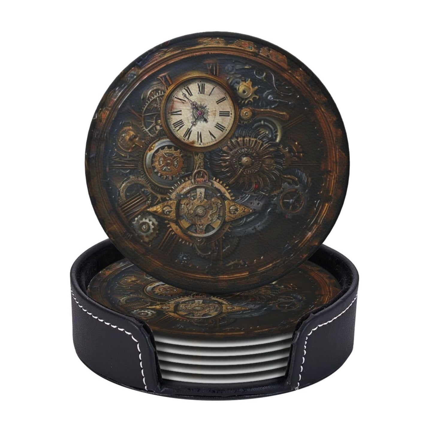 Steampunk Clocks Drinks Coasters With Holder, Suitable For Kinds Of Cups, Set Of 6