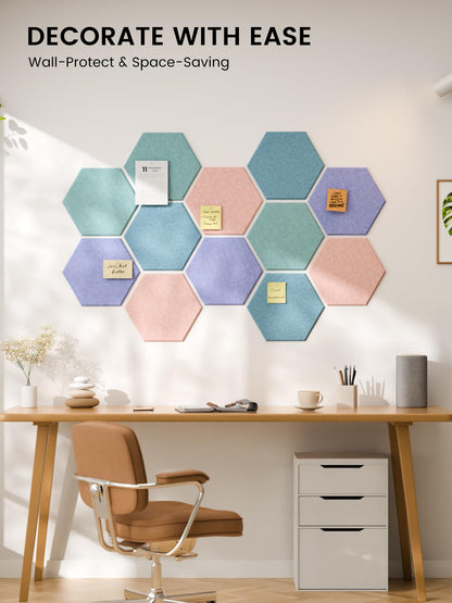 Fluxynara Hexagon Cork Board Alternative for Walls Decor-12-Pack Felt Bulletin Board Tiles,with 30 Pushpins,70 Adhesive Tabs for Office,Classrooms & Home Pin Board Felt Board-Coastal Haze