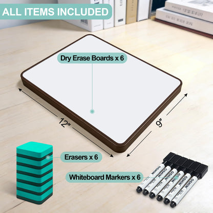 6 Pack Small White Boards, 9"x12" Double Sided Personal Dry Erase Boards Portable Handheld Whiteboards for Kids, Students, Teacher School, Include 6 Markers, 6 Erasers, 6X52 Pcs Letters